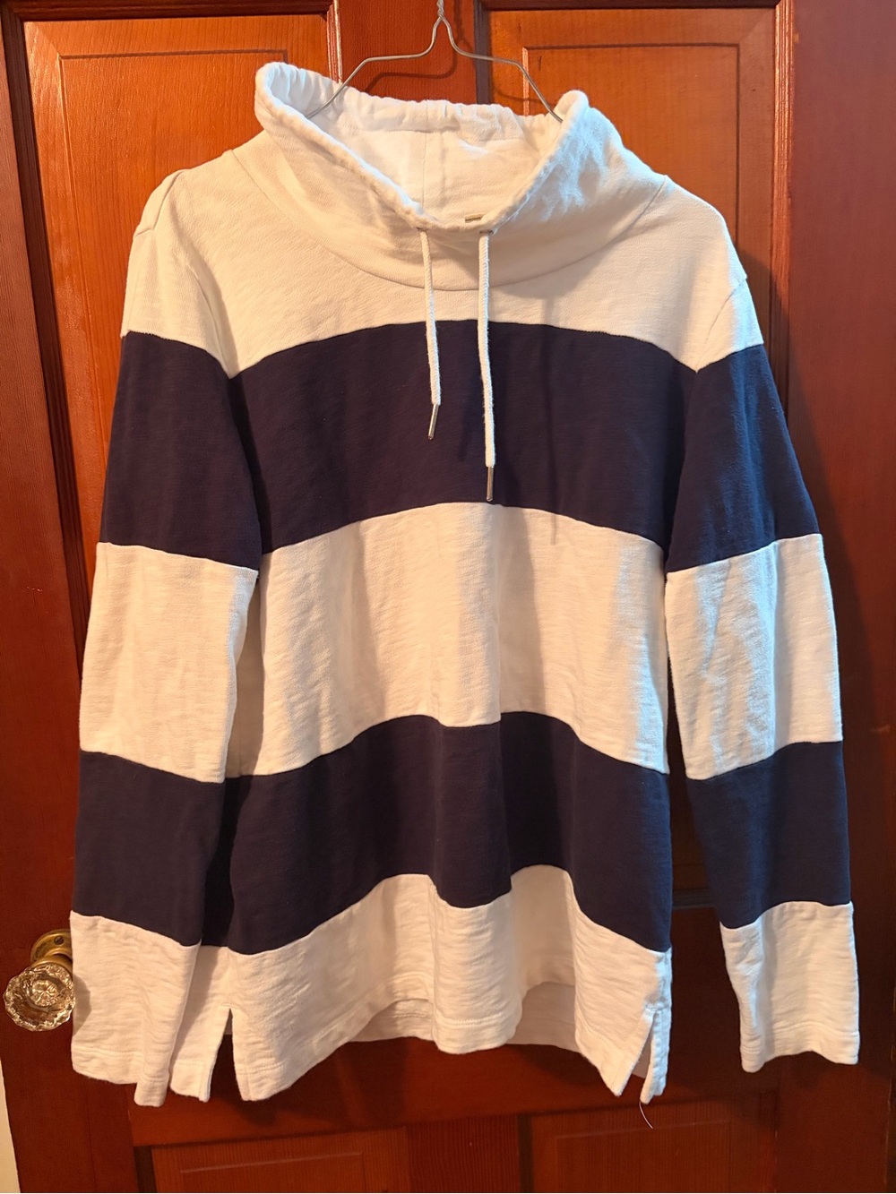 Orvis Rugby Striped Pullover funnel mock neck light sweatshirt - Navy and White